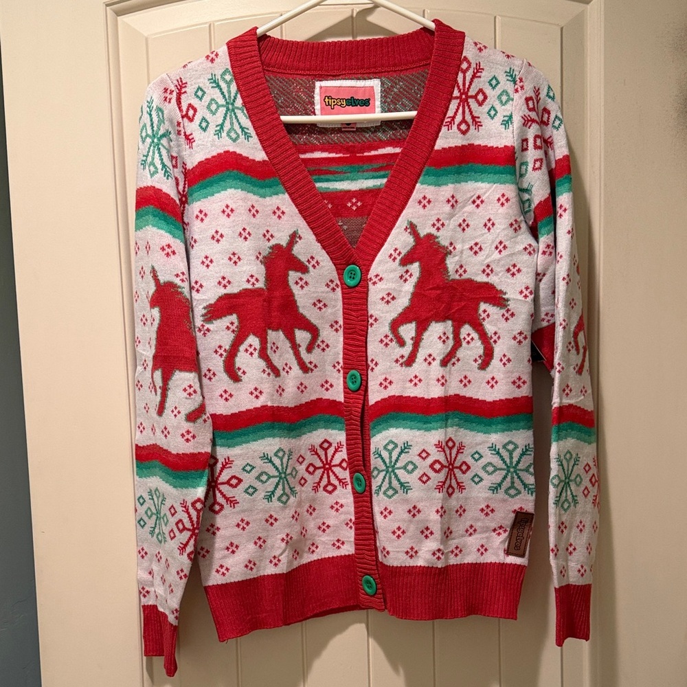 Tipsy Elves Red, White & Green Holiday Unicorn Cardigan